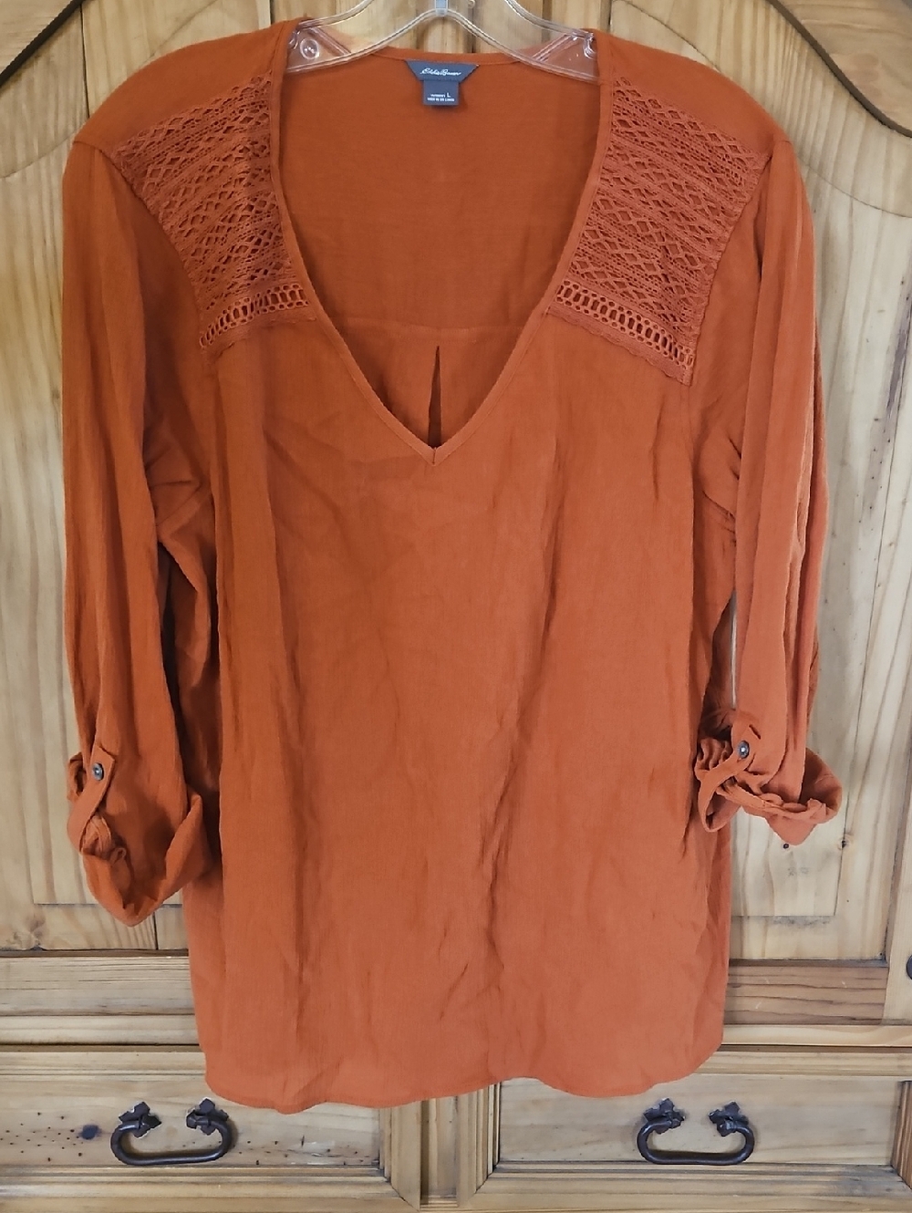 Eddie Bauer Crochet-Shoulder V-Neck Tunic in Burnt Orange